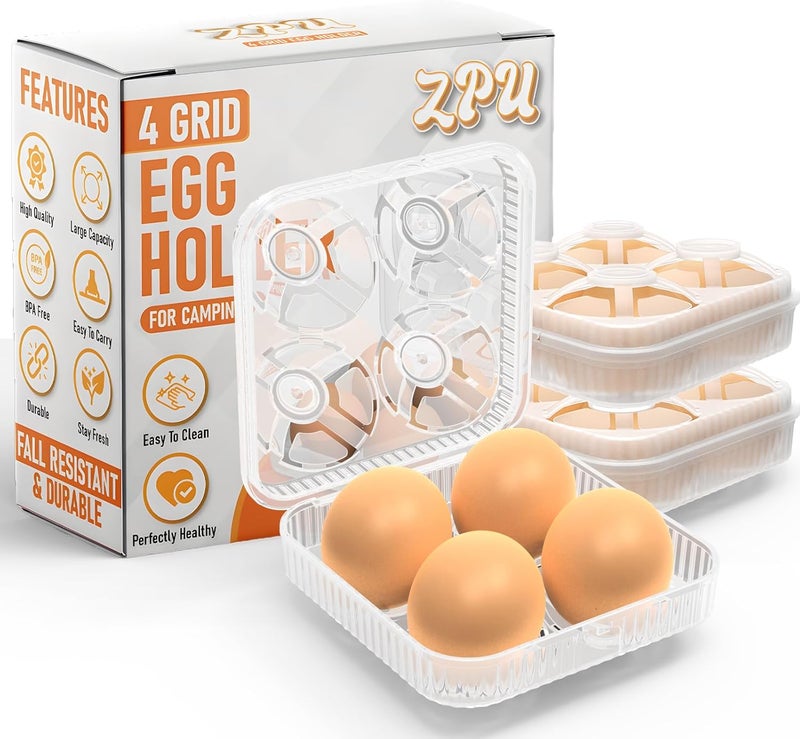 ZPU Egg Holder Camping, 1Pcs 4 Grid Egg Container, Plastic Egg Carrier for Camping Picnic Travel Outdoor Refrigerator Kitchen, Clear White - Image 1
